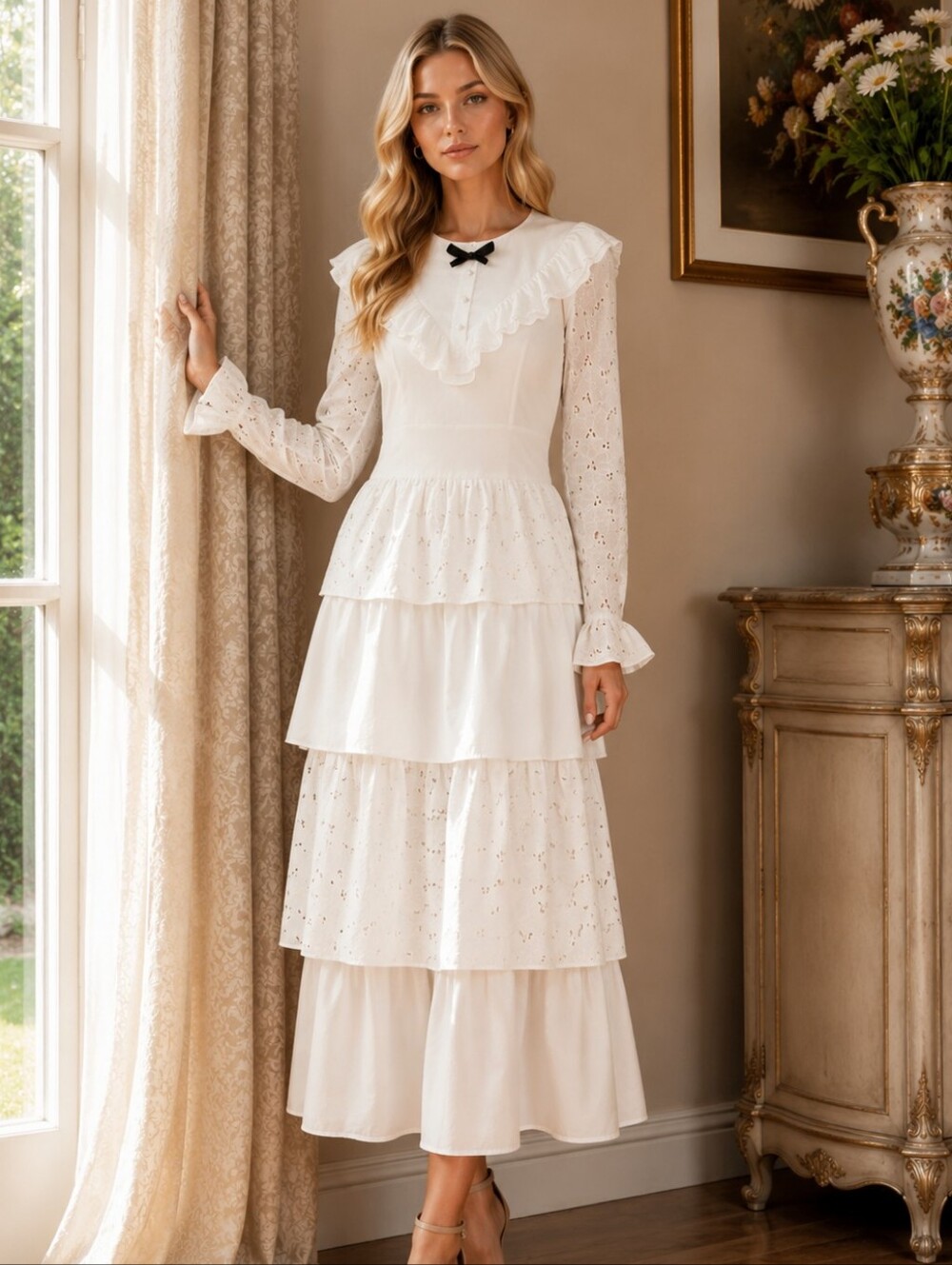 NWOT White Ruffled Michelle Tiered Broderie Anglaise Cotton Midi Dress Us 2 XS